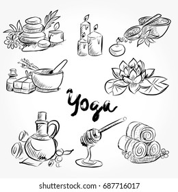 Hand drawn set of spa attributes. Template for design of Spa , Wellness center. Vector illustration.Collection of beauty and spa line drawings