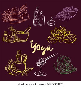 Hand drawn set of spa attributes. Template for design of Spa , Wellness center. Vector illustration.Collection of beauty and spa line drawings