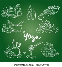 Hand drawn set of spa attributes. Template for design of Spa , Wellness center. Vector illustration.Collection of beauty and spa line drawings