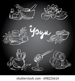 Hand drawn set of spa attributes. Template for design of Spa , Wellness center. Vector illustration.Collection of beauty and spa line drawings