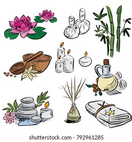 Hand drawn set of spa attributes. Template for design of Spa , Wellness center. Vector illustration.Collection of beauty and spa line drawings