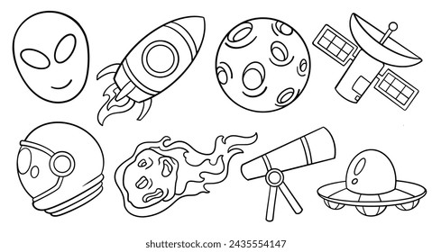 Hand drawn set of Space doodle. Vector illustration isolated on white background.