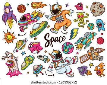 Hand drawn set of Space doodles in Color vector