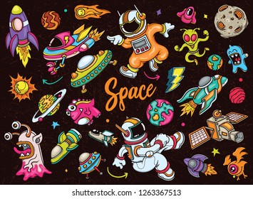 Hand drawn set of Space doodles in Color vector black background