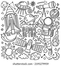 Hand drawn set of space doodles. Astrology doodles isolated on white background. Vector illustration