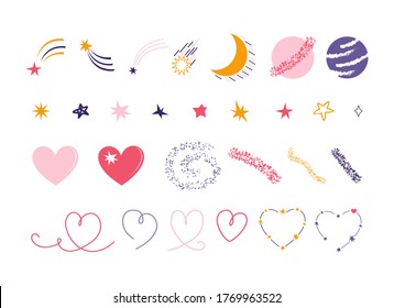 Hand drawn set of space elements isolated on a white background. Stars, meteor, comet, month, planet, moon, Mars, heart, constellation. Romantic space collection for design of posters, cards, banners