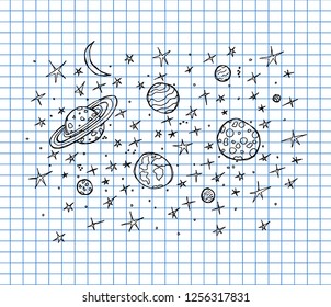Hand drawn set of space objects doodles on copybook background. Space doodle vector elements. Stars, planets and moon in sky. Astronomy and planet, space and science illustration.