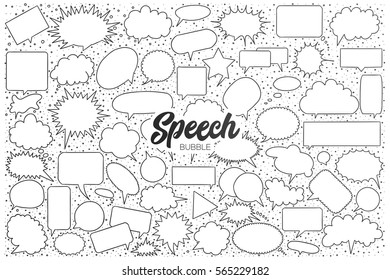 Hand drawn set of speech bubble doodles with black lettering in vector