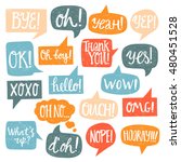 Hand drawn set of speech bubbles with handwritten short phrases yes, thank you, bye, ok, hooray, omg, wow, oh boy, xoxo, what's up, ouch, oh, yeah, oh no, nope, yep, hello