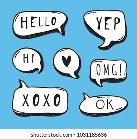 Hand drawn set of speech bubbles with text. Vector pop art objects. Doodle elements for dialog