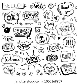 Hand drawn set of speech bubbles with dialog text: Hi, Love, Yes, Welcome, Bye. 
Comic doodle sketch style. Text and speech balloon element drawn with a brush-pen. Vector illustration for icon design.