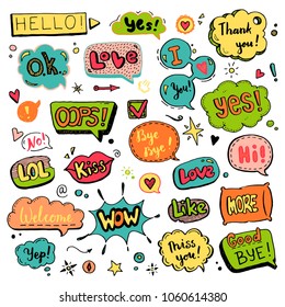 Hand drawn set of speech bubbles with dialog text: Hi, Love, Yes, Welcome, Bye. 
Comic doodle sketch style. Text and speech balloon element drawn with a brush-pen. Vector illustration for icon design.