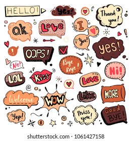 Hand drawn set of speech bubbles with dialog text: Hi, Love, Yes, Welcome, Bye. 
Comic doodle sketch style. Text and speech balloon element drawn with a brush-pen. Vector illustration for icon design.