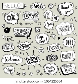 Hand drawn set of speech bubbles with dialog text: Hi, Love, Yes, Welcome, Bye. 
Comic doodle sketch style. Text and speech balloon element drawn with a brush-pen. Vector illustration for icon design.