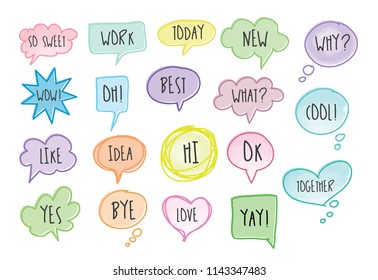 Hand drawn set of speech bubbles with short messages. doodle set