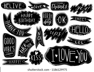 Hand drawn set of speech bubbles with handwritten short phrases yes, thank you, i love you, ups, happy birthday, lol, good vibes, kiss. Decorative Lettering messages. Vector illustration.