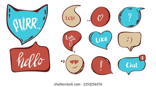 Hand drawn set of speech bubbles with hand written short phrases purr, love you, chat, hello. quotes, question, exclamation mark . red, blue. vector collection