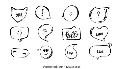 Hand drawn set of speech bubbles with hand written short phrases purr, love you, chat, hello. quotes, question, exclamation mark . black white. vector collection