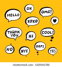 Hand drawn set of speech bubbles with handwritten short phrases yes no cool thank you bye ok omg xoxo hello hi oops