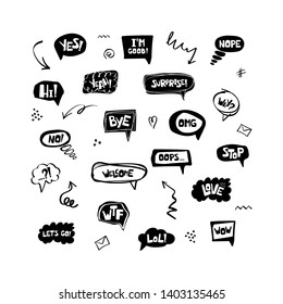 Hand drawn set of speech bubbles with handwritten short phrases yes, surprese, bye, ok, i'm good, omg, wow, hi, welcome, lol, love, oops, yeah, no, nope, wtf, hello, why, stop, let's go. Vector