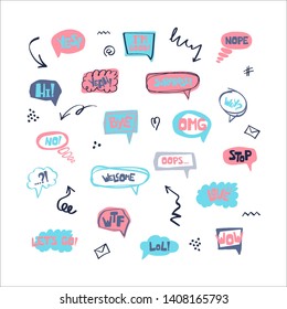 Hand drawn set of speech bubbles with handwritten short phrases yes, surprese, bye, ok, i'm good, omg, wow, hi, welcome, lol, love, oops, yeah, no, nope, wtf, hello, why, stop, let's go. Vector