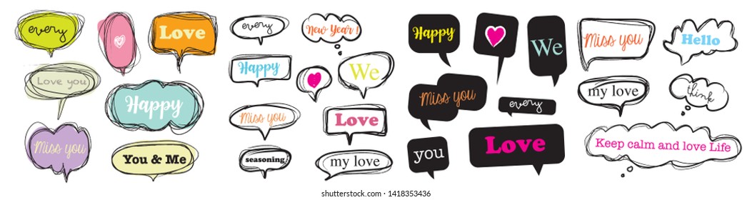 Hand drawn set of speech bubbles with dialog words,Vector bubbles speech doodle set 