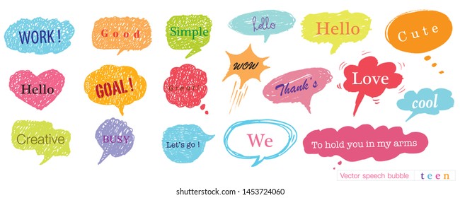 Hand Drawn Set Of Speech Bubbles With Dialog Words For​ ​teen, Business Vector Bubbles Speech Doodle Set,Colorful Speech Bubbles For Decoration Of Kids' Illustrations, Comics, Banners
