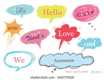 Hand drawn set of speech bubbles with dialog words for Teen, Business Vector bubbles speech doodle set,Colorful speech bubbles for decoration of kids' illustrations, comics, banners