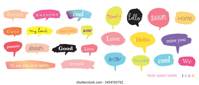 Hand drawn set of speech bubbles with dialog words for Teen, Business Vector bubbles speech doodle set,Colorful speech bubbles for decoration of kids' illustrations, comics, banners,teen