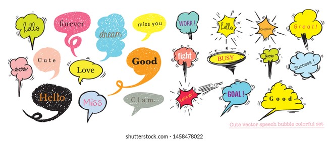 Hand drawn set of speech bubbles with dialog words for Business and Teen, Business Vector bubbles speech doodle set,Colorful speech bubbles for decoration of kids' illustrations, comics, banners,teen
