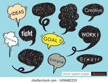 Hand drawn set of speech bubbles with dialog words for Business and Teen, Business Vector bubbles speech doodle set,Colorful speech bubbles for decoration of kids' illustrations, comics, banners,teen