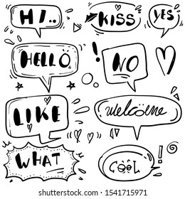 Hand drawn set of speech bubbles with dialog words: Hello, Love, Bye, Hi, welcome doodle style cartoon