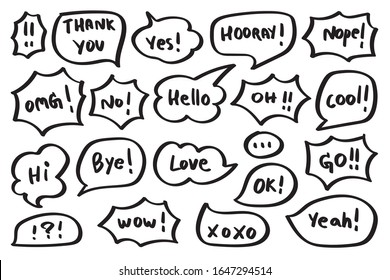 Hand drawn set of speech bubbles with dialog words:yes, hello, no, love you, ok, Vector illustration.