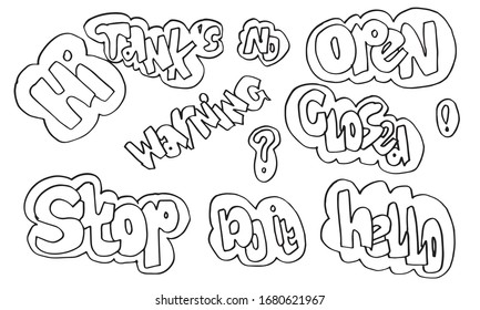 Hand drawn set of speech bubbles with dialog words: thank's,no, Hi.open,closed,hello,warning,stop.do it. Vector illustration.