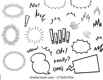 Grupo de burbujas de habla dibujado a mano. Ilustración vectorial en blanco y negro