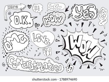 Hand drawn set of speech bubbles with handwritten text:no,ok,hi,wow,pow,here,lol,omg,congratulation,love.