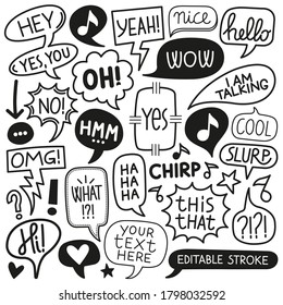 Hand drawn set of speech bubbles with dialog words: Hello, Love, Bye, Hi. Vector illustration