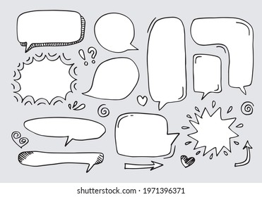Hand drawn set of speech bubbles isolated on white background.