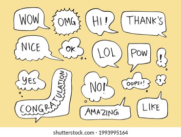 Hand drawn set of speech bubbles with handwritten short phrases  wow,OMG,hi,thank's,nice,ok,lol,pow,yes,no,oops,congratulation,amazing,like on yellow background.