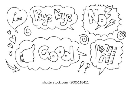 Hand drawn set of speech bubbles with handwritten text:love,good,bye bye,no,hi.