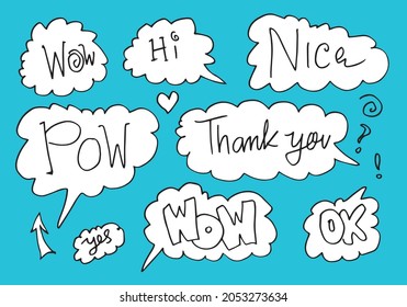 Hand drawn set of speech bubbles with handwritten short phrases  wow,nice,hello,pow,thank you,ok,hi on blue background.