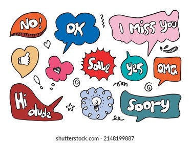 Hand drawn set of speech bubbles with handwritten short phrases no,ok,omg,sale,soory,yes,hi, i miss you on white background.