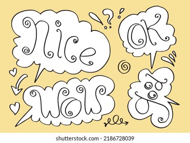 Hand drawn set of speech bubbles with handwritten short phrases nice, ok, wow, good on yellow background.