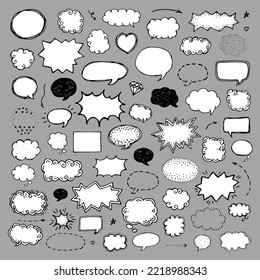 Hand drawn set of speech bubbles. Doodle style design elements depicting sound effects and emotions