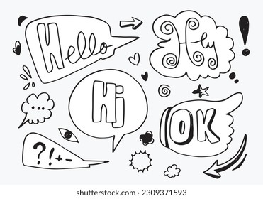 Conjunto de burbujas de voz dibujadas a mano con palabras de diálogo Hola, hey, ok, Hi. Ilustración vectorial.