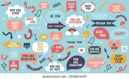 Hand drawn set of speech bubbles with compliments, motivational phrases, self love, dialogue of people in love, school correspondence. Cartoon icons, stickers, stickers, colorful elements and doodles.