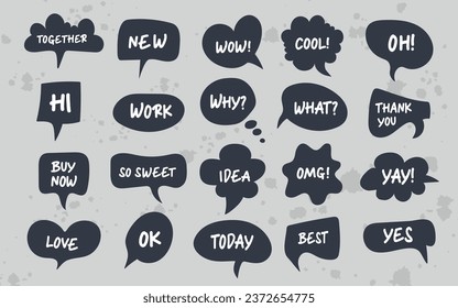 Hand drawn set of speech bubbles with handwritten short phrases. Vector illustration on a gray background.