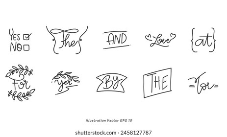 Hand drawn set of speech bubbles with handwritten short phrases on white background, Vector illustration EPS 10