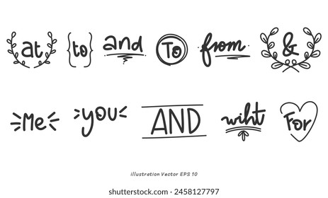 Hand drawn set of speech bubbles with handwritten short phrases on white background, Vector illustration EPS 10
