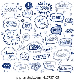 Hand drawn set of speech bubbles with dialog words: Hello, Love, Bye, Hi. Vector illustration.